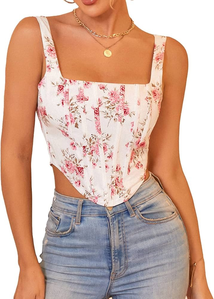 KUTUMAI Women's Floral Corset Crop Top Strap Boned Bustier Cute Zip Back Party Bodyshaper | Amazon (US)