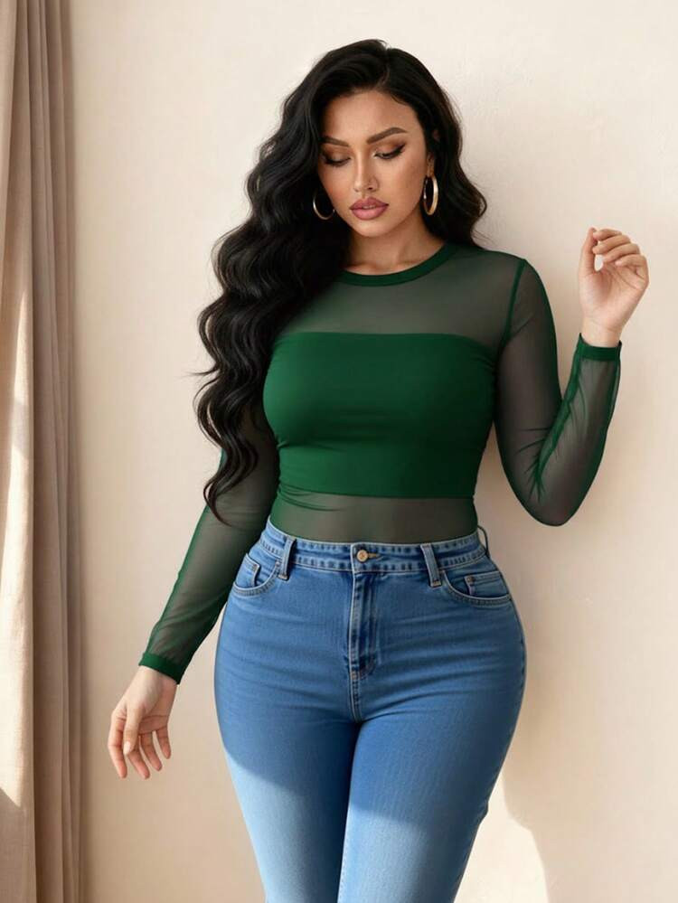 Classic Versatile Sexy Round Neck Long Sleeve Mesh Shirt | SHEIN