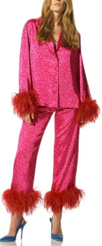 Yiulangde Heart Pajamas with Feathers for Women Valentine's Day Love Graphic Fur Trim Pjs Long Sleeve Button Shirt Pants Set | Amazon (US)
