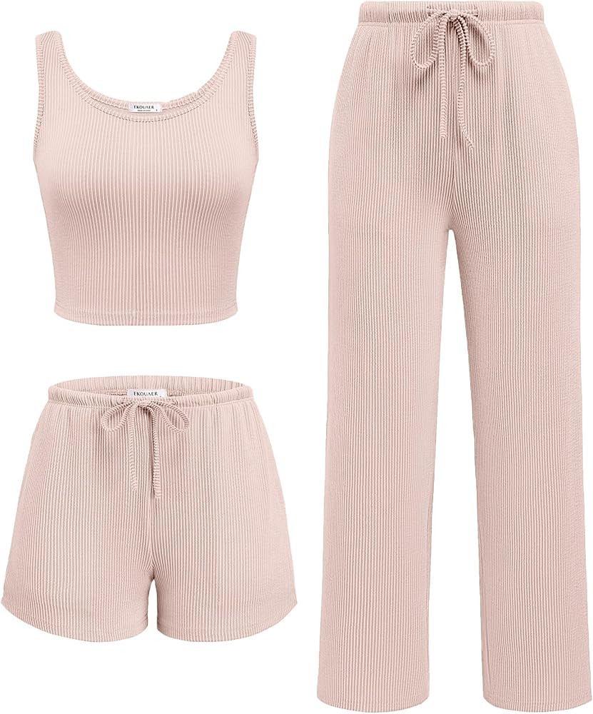 Ekouaer Women's 3 Piece Lounge Set Ribbed Soft Pajama Set - Crop Top, Shorts & Pants Vacation Out... | Amazon (US)