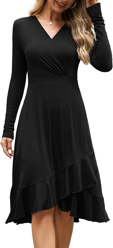 Beluring Wickelkleid Damen Elegant Langarm Midikleid V-Ausschnitt Einfarbig Rüschensaum Tunika K... | Amazon (DE)