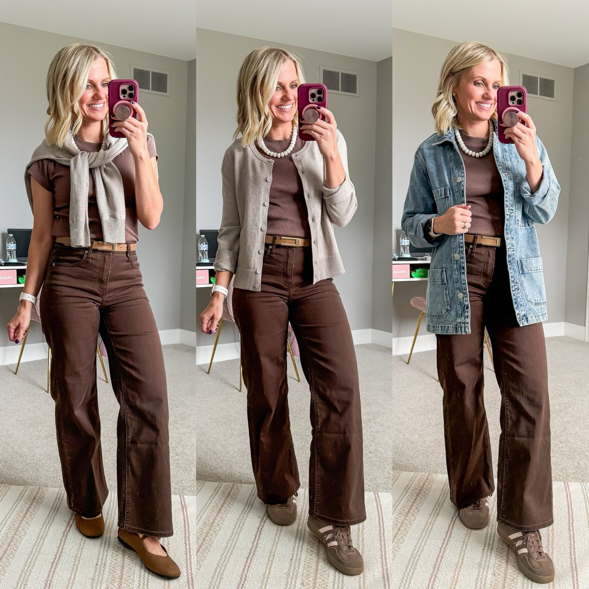 Fall Capsule 2026 🍂 Three ways I'm styling my brown wide-leg pants! This is look 1 of 7 with this piece — my 20-piece capsule mixes and matches into 120 outfits. Which one is your favorite?! Shop the pieces on my LTK! 🤎 

 #fallcapsulewardrobe #capsulewardrobe #falloutfits #fallfashion #petitestyle #affordablefashion #ltkstyle #ltkfall