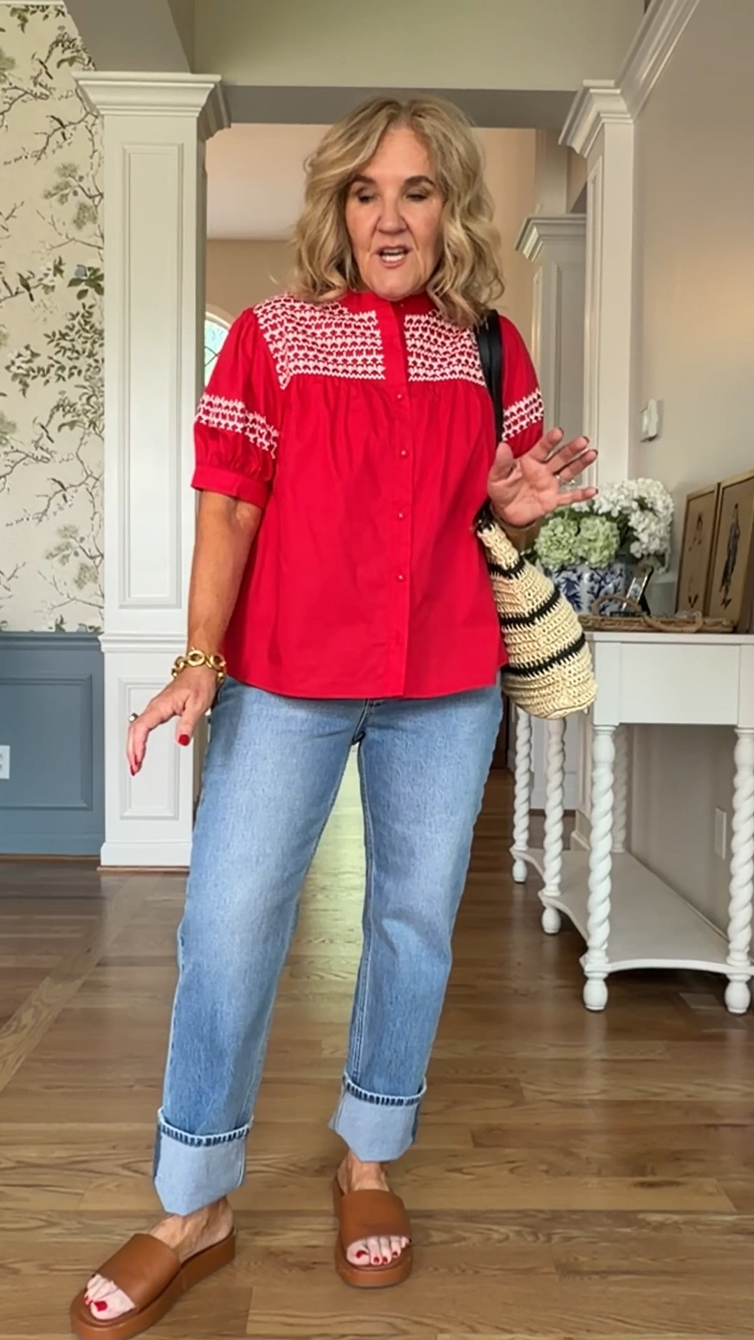 Size 29 in jeans. I cuffed them about 4”. Later I cut them. 
Blouse size medium. 
15% off at Avara code NANETTE15

This embroidered blouse is such a fun statement piece for summer.

#LTKootd #LTKSeasonal #LTKOver40