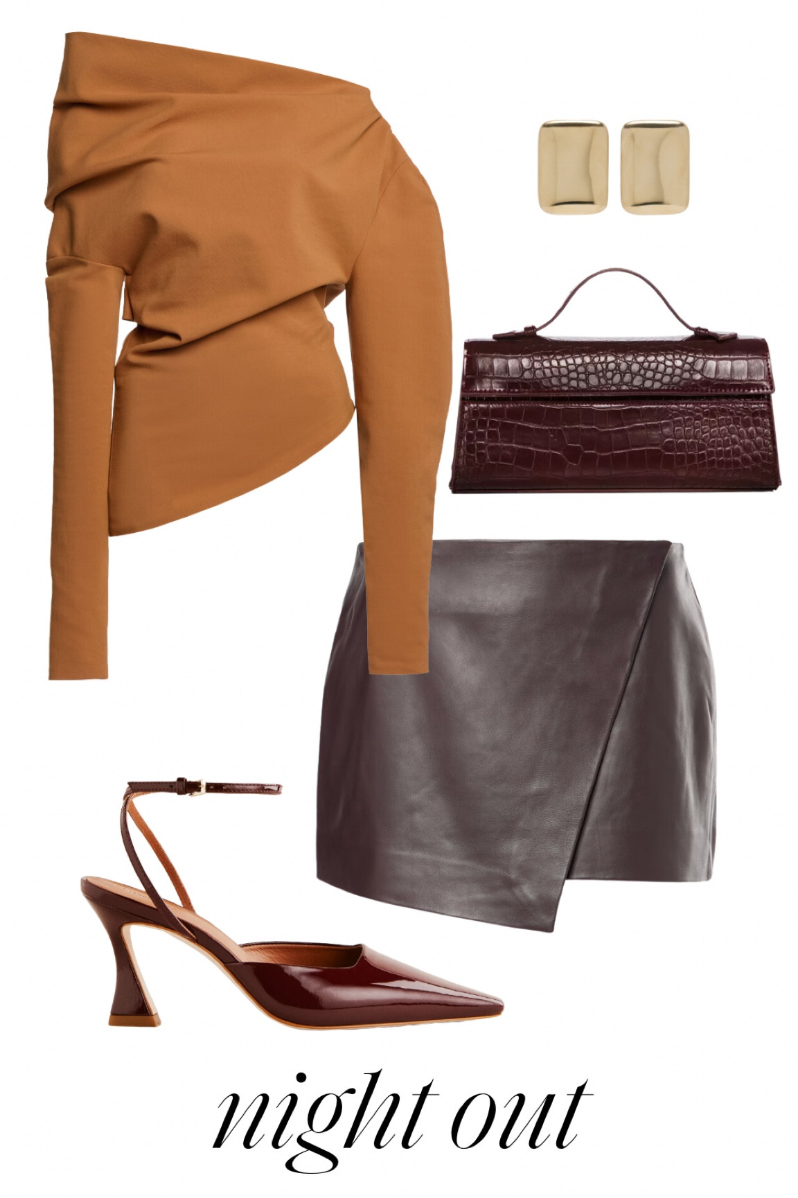 Early fall night out style Similar, less expensive pieces to recreate the look also linked!

#fallnightout #fallgoingout #fallstyle #brownleatherskirt #leatherminiskirt #falltops #fallheels #falloutfitideas 