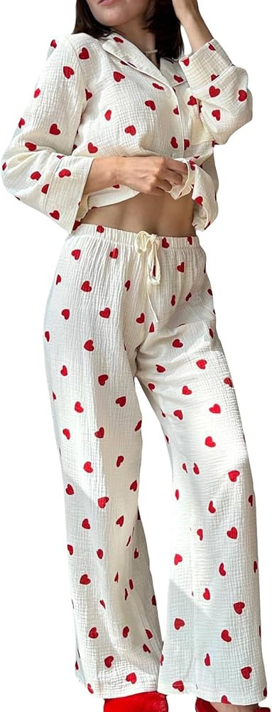 Women 2 Piece Pajama Set Heart Print Long Sleeves Button Shirt and Elastic Pants Loungewear Soft ... | Amazon (US)