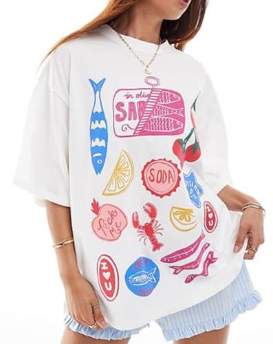 Y2k Oversized Summer Tops for Women Cute Bow Fruit Loose T Shirts Crew Neck Aesthetic Graphic Sho... | Amazon (US)
