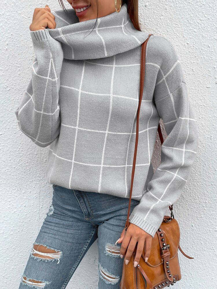 Grid Pattern Turtleneck Drop Shoulder Sweater | SHEIN