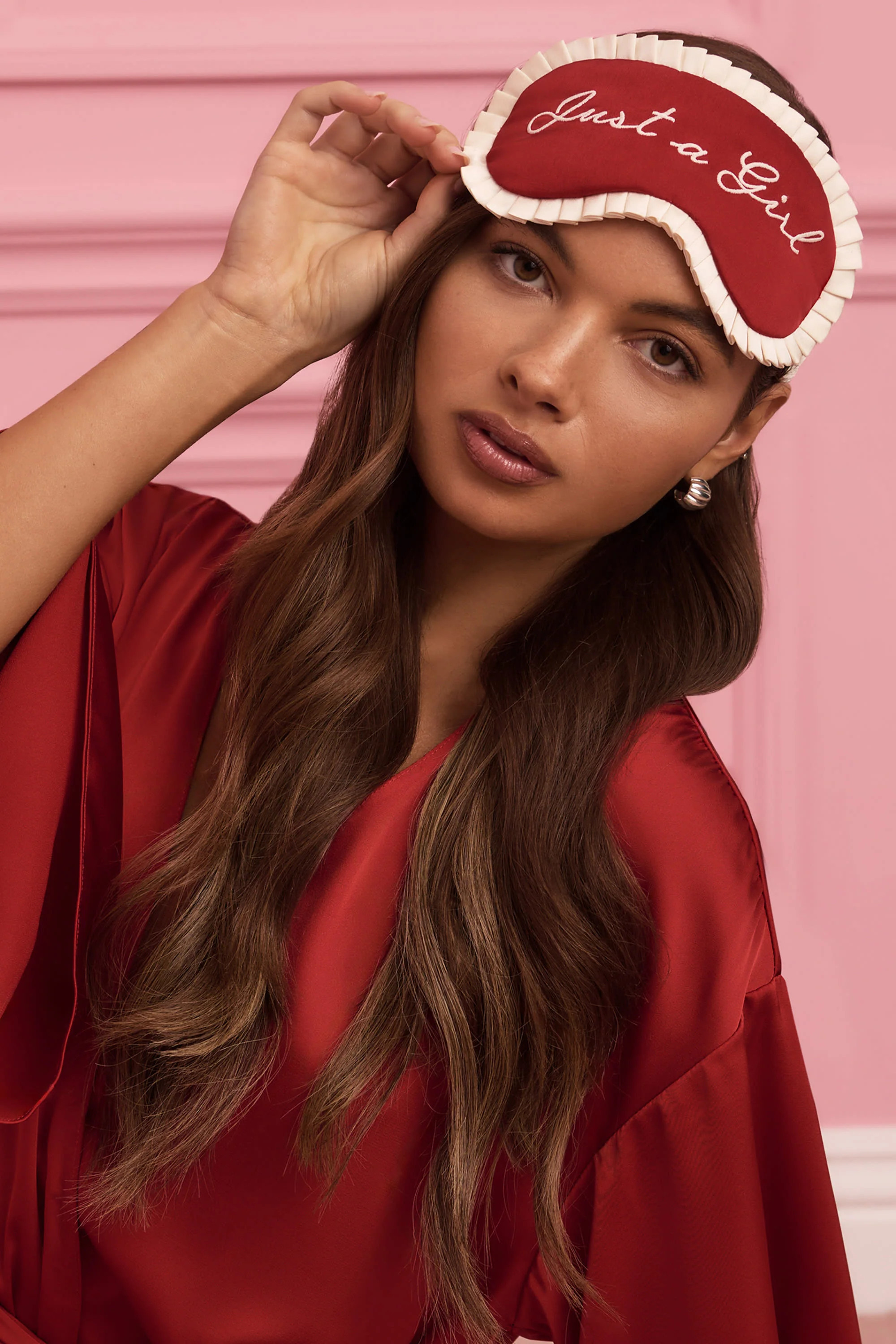 Ruffle-Trim Embroidered Eye Mask in Ruby Red | Oh Polly