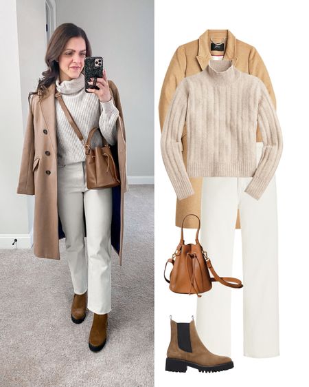 Fun way to style white denim for Fall | turtleneck sweater, ecru high waist straight jean, camel topcoat, lug rain resistant boot, bucket bag 

#LTKstyletip