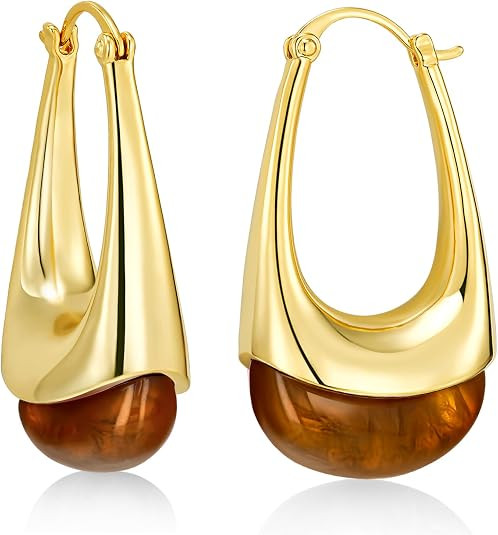 SNGIA Long Oval Chunky Dangle 18K Gold Plated Hoops with Colored Resin Gemstone Statement Earring... | Amazon (US)