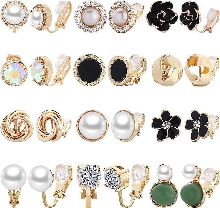NEWITIN 12 Pairs Clip On Earrings for Women Cute Earrings Crystal Earrings Pearl Earrings Charmin... | Amazon (US)