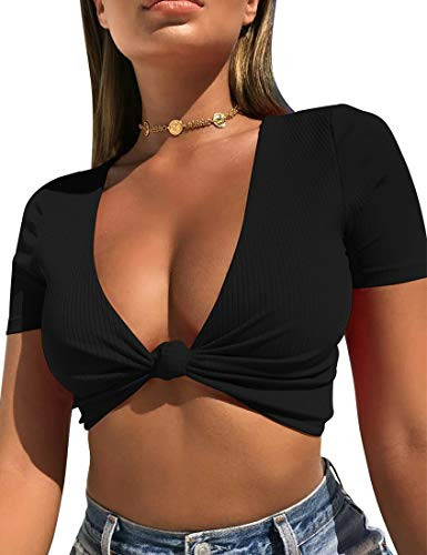 Mizoci Women's Sexy Knot Front Crop Top Deep V Neck Short Sleeve Basic Casual T Shirt,Small,Black | Amazon (US)