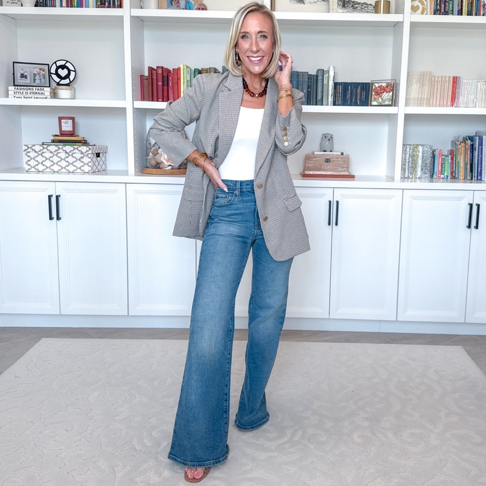 Fall New Arrivals - with Vici * Medium Wash High-Rise 70's Flare Jeans - size 2 regular. $40. 2 colors. Plaid Blazer - size small. *White Tank - size XS.

#LTKSeasonal #LTKSaleAlert #LTKOver40