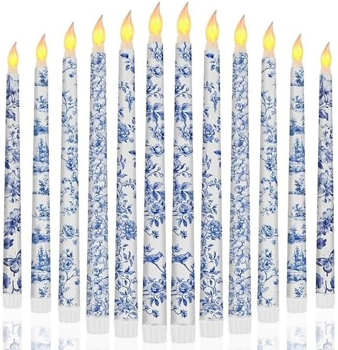 12 Pcs Chinoiserie Flameless Candles 10.8 Inch Floral Taper Candles Blue and White Battery Operat... | Amazon (US)