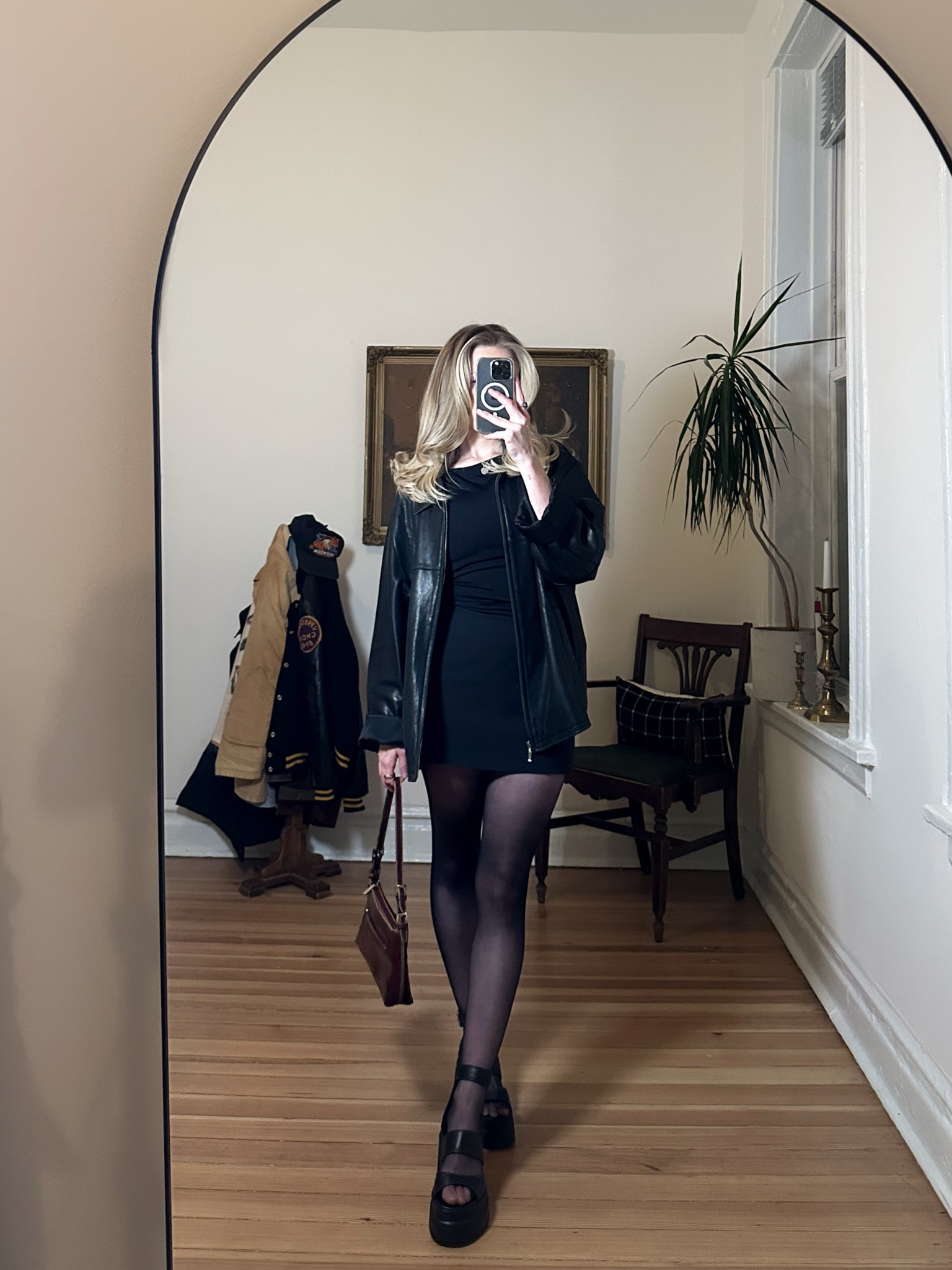 going out outfit, girls night out, bar outfit, all black outfit, leather jacket, skirt, tank top, platform shoes 

#LTKFindsUnder100 #LTKGiftGuide #LTKSaleAlert