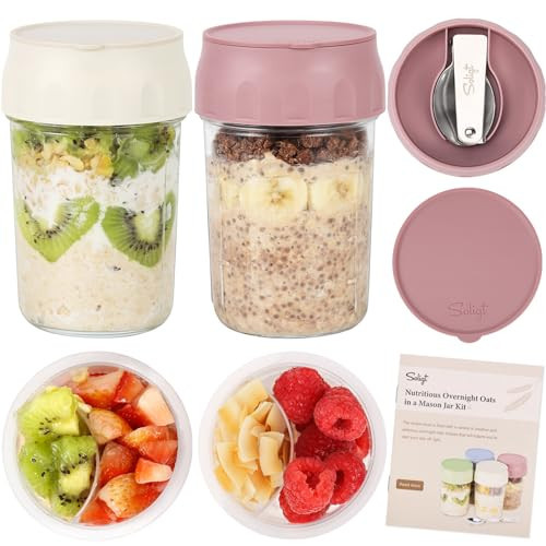 SOLIGT 2 Pack Overnight Oats Containers with Lids, Folding Spoons and Divided Compartments for Fruit & Nuts, Small Glass 16oz Mason Jars for Oatmeal Yogurt Parfait (2 Set-Oat White/Rose Pink) | Amazon (US)