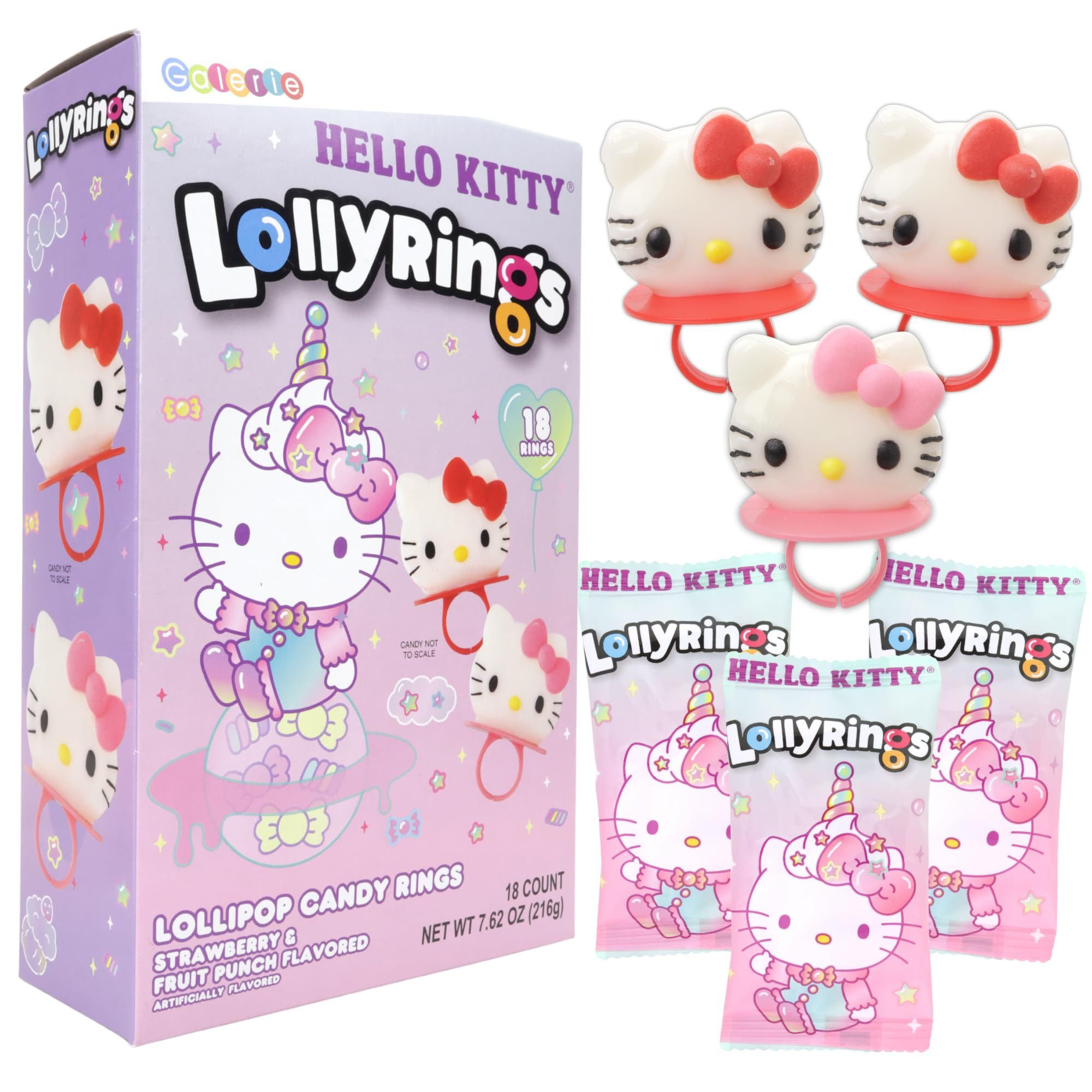 Galerie Hello Kitty Lollipop Rings, Strawberry and Fruit Punch Flavored, Individually Wrapped Can... | Amazon (US)
