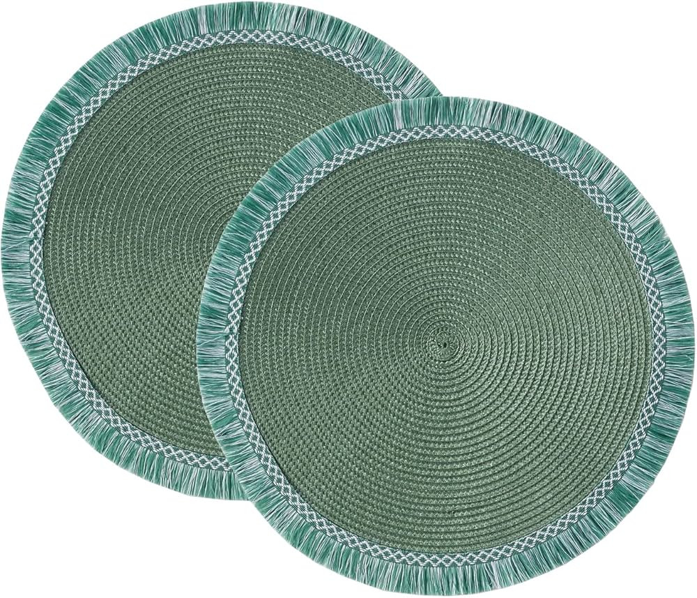 Fennco Styles Woven Textured Placemats with Fringe 15 Inches Round, Set of 2 – Green Braided Ta... | Amazon (US)
