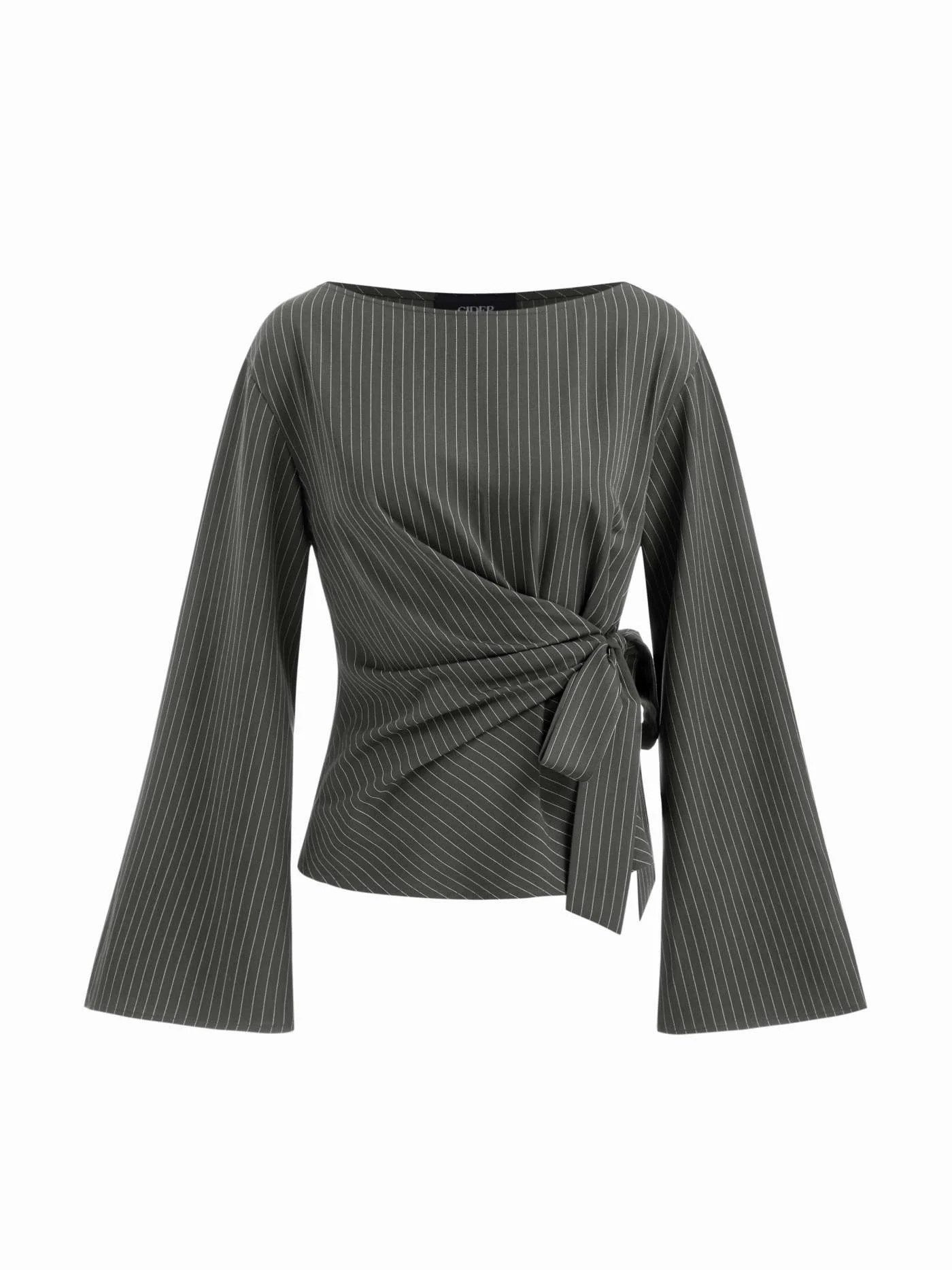 Tissé Boat Neck Stripe Knotted Bell Sleeve Blouse For Travail | Cider