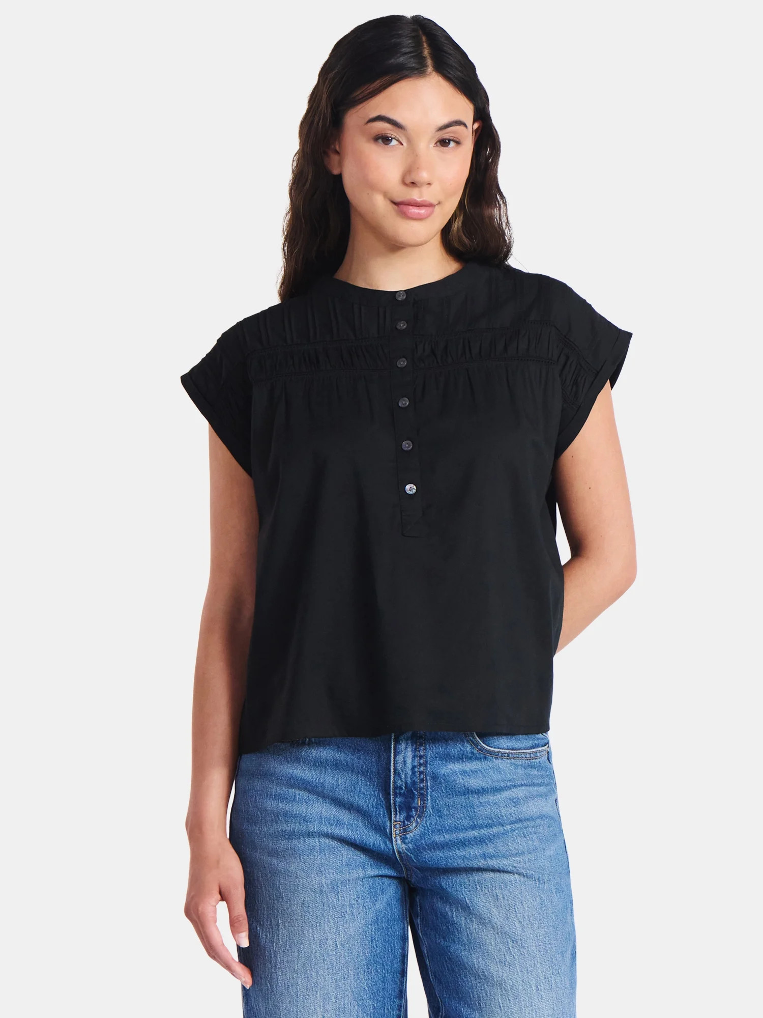 Time and Tru Women's Pintuck Blouse with Short Sleeves, Sizes XS-XXXL | Walmart (US)