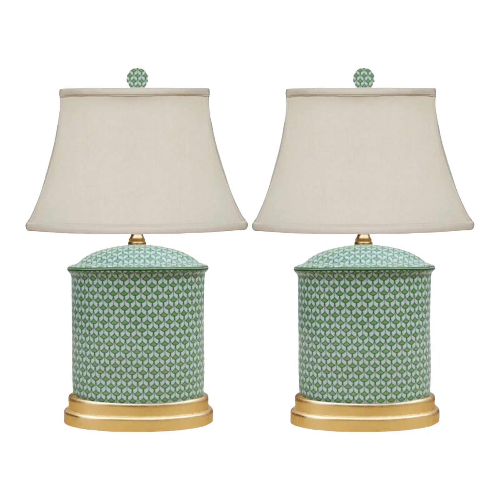 Contemporary Green & White Fishnet Porcelain Table Lamps With Gold Base - a Pair | Chairish