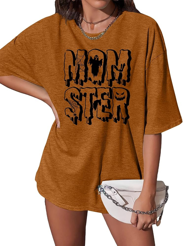 Halloween Momster Oversized Shirts for Women Mom Ster Graphic T-Shirt Spider Bat Spooky Tee Top | Amazon (US)