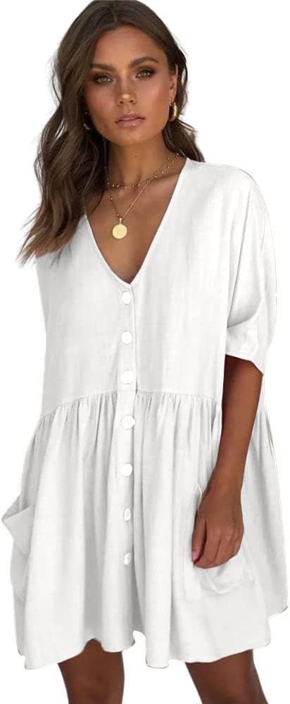 Midi Summer Dresses for Women V Neck Button Down Casual Loose Flowy Swing Mini Dress with Pockets | Amazon (US)