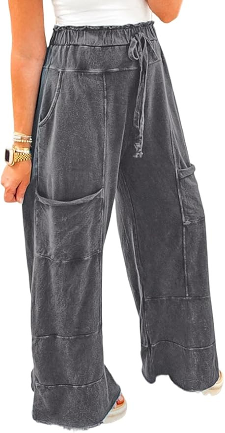 SELINK Casual Pants for Women Mineral Wash Lace-up Elastic High Waist Raw Hem Patched Pocket Soli... | Amazon (US)