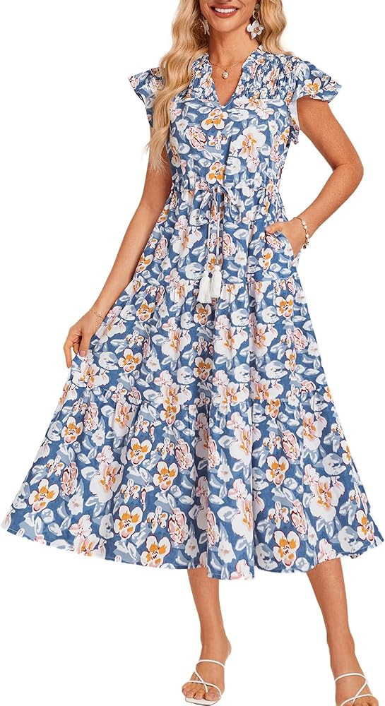 GRACE KARIN Womens Summer Floral Midi Dresses Short Sleeve Beach Wedding Guest Dress Drawstring L... | Amazon (US)