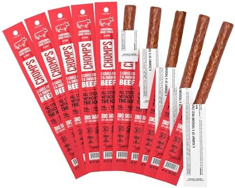 Chomps Grass-Fed and Finished Original Beef Jerky Snack Sticks 10-Pack - Keto, Paleo, Whole30, 10... | Amazon (US)