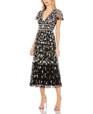 Embroidered V Neck Cap Sleeve Midi Dress | Bloomingdale's (US)