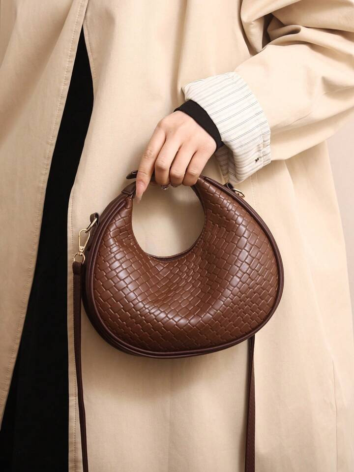 1pc Zipper Closure Solid Color Pu Woven Bag, Retro Style, Crescent-Shaped Bag, Shoulder, Crossbod... | SHEIN