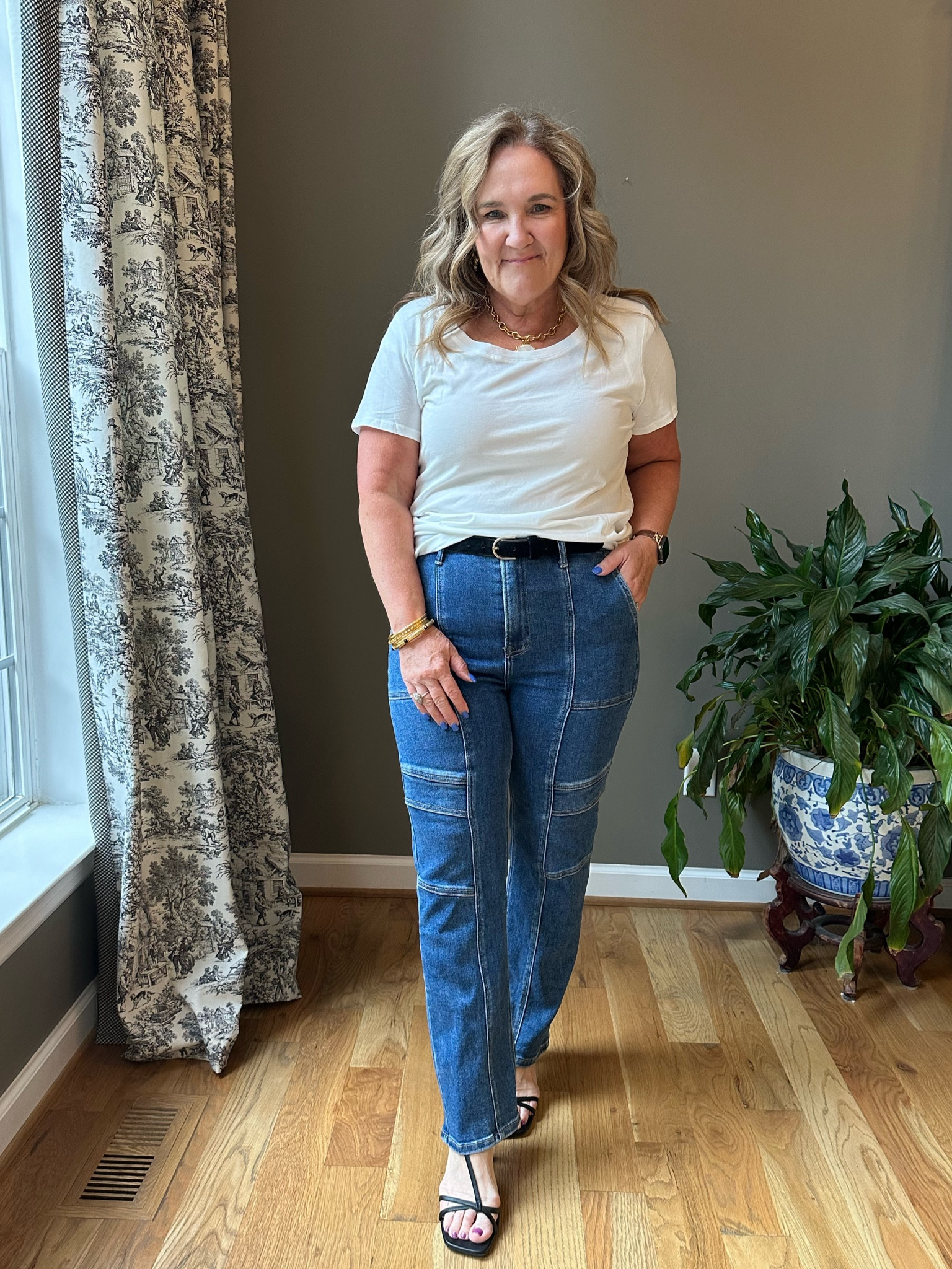 These utility straight jeans have nice stretch. Such a cool on trend style. Shop directly here on the app! I’m in a 31/13 perfect for a 12/14 

No distressing  
Great white tee very soft. Not bright white  

Fall denim white tee 

#LTKFindsUnder100 #LTKOver40 #LTKBacktoSchool