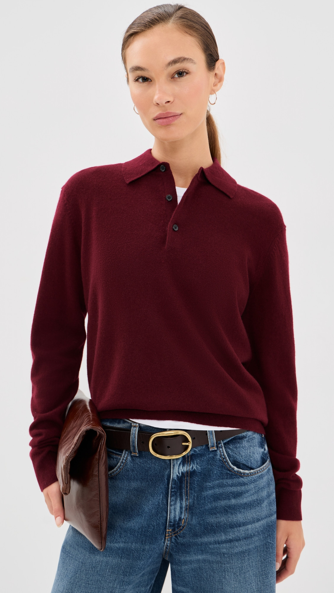 Nili Lotan Jovan Sweater Polo Top Burgundy L | Shopbop