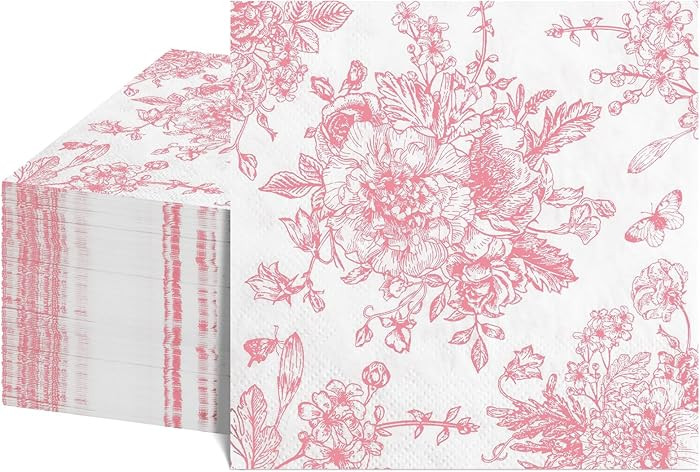 NatNarr 100 Pcs Pink Floral Napkins, Pink and White Toile Cocktail Napkin Vintage Flower Butterfl... | Amazon (US)