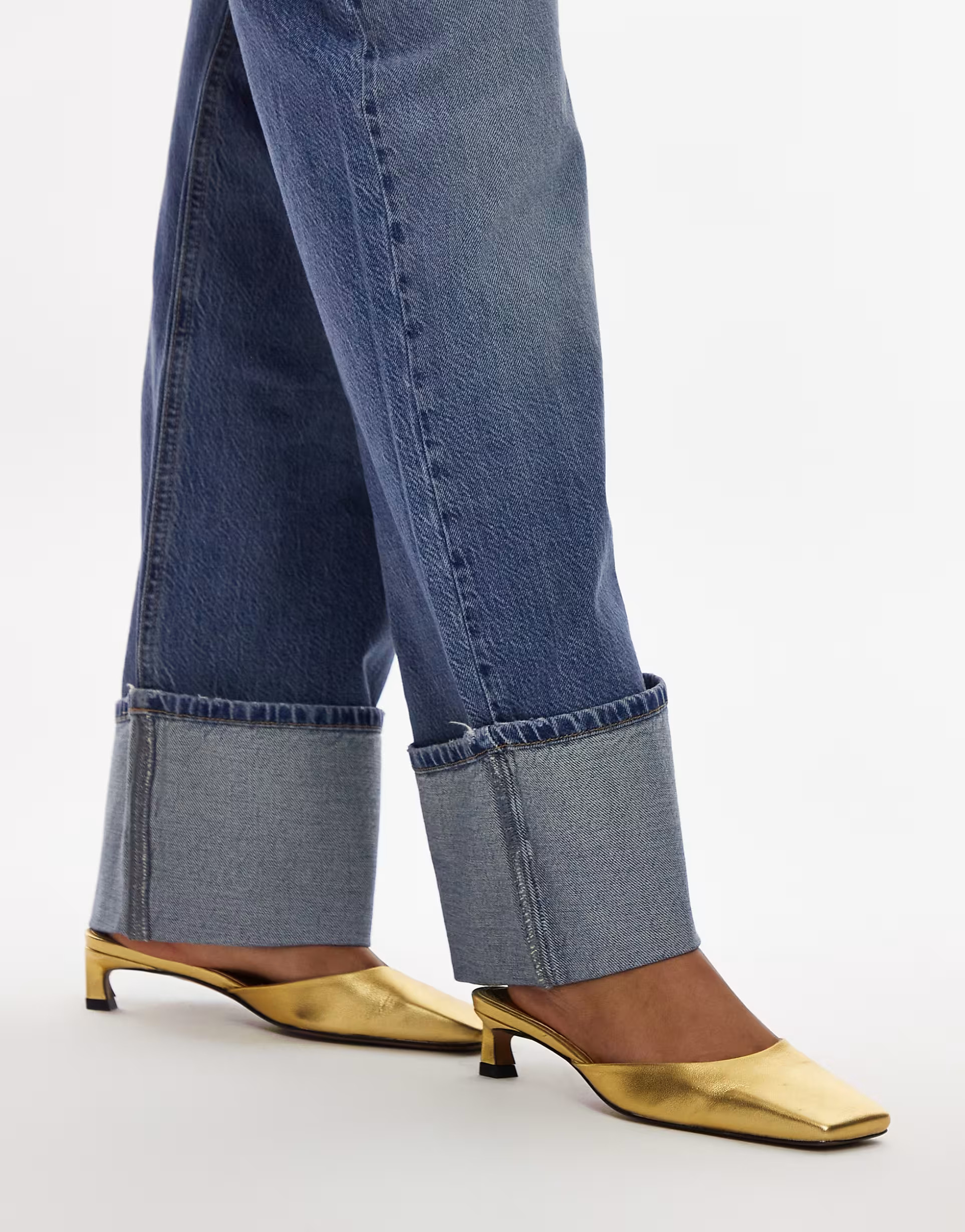 Topshop Audrey premium leather mid heeled square toe mules in gold | ASOS | ASOS (Global)