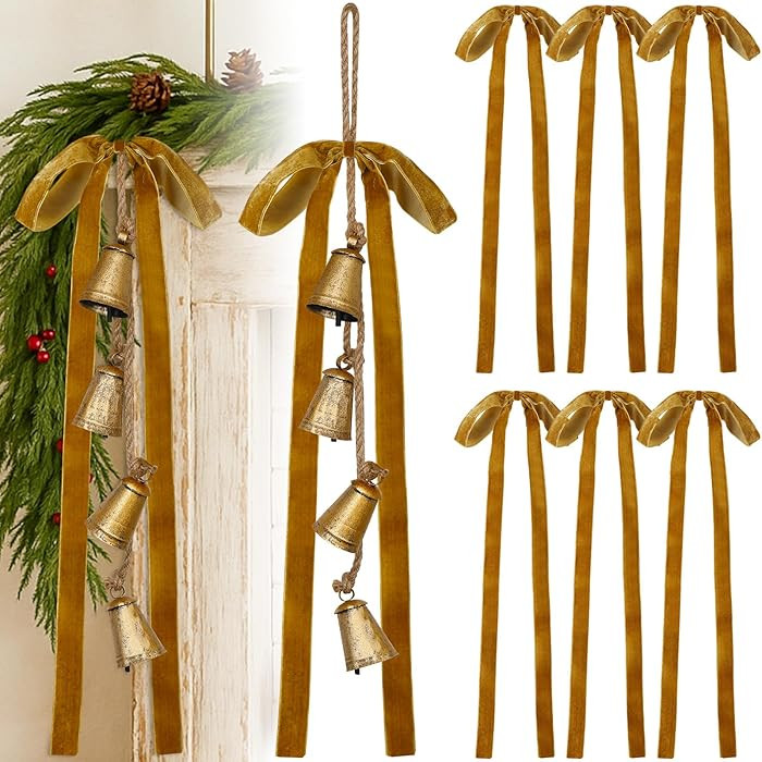 2 Pcs Christmas Cow Bells with 8 Pcs Khaki Velvet Christmas Bows Vintage Gold Bell Decorations wi... | Amazon (US)