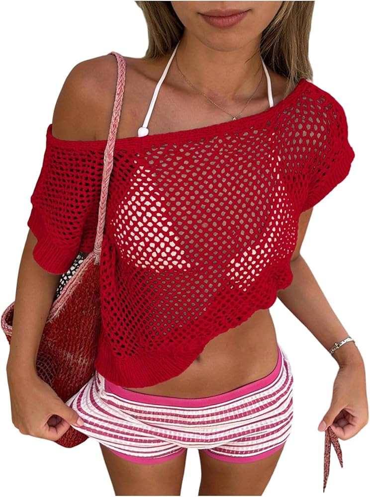 Verdusa Women's Crochet Tops Off The Shoulder Summer Cover Up Beach Vacation Party Outfits | Amazon (US)