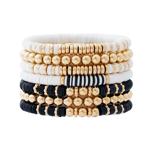 Pychee Surfer Heishi Bracelets Set for Women Stackable Gold Clay Ploymer Bead Stretch Bracelets Summer Beach Layering Black Bracelets Jewelry (A-7pcs black&new) | Amazon (US)