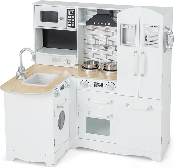 HONEY JOY Corner Kids Kitchen Playset, Wooden Little Chef Pretend Play Kitchen w/Lights & Sounds,... | Amazon (US)