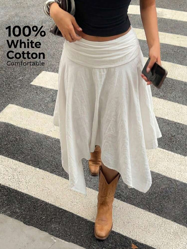 Aloruh Women's Pure White 100% Cotton Midi Skirt With Asymmetrical High-Low Hem - Retro Y2K Boho Style, Perfect For Western Festival, Island Girl Vintage, Seaside Vacation, Spring Break, Vacation Beach Cruise, Concert, Wedding Guest, City Trip, Holiday Wear, Elegant Spring/Summer Outfit | SHEIN