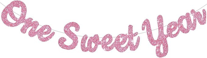 BEISHIDA Pink Glitter Sweet 1 Year Banner(Pre-Strung), First Birthday Anniversary Party Decoratio... | Amazon (US)