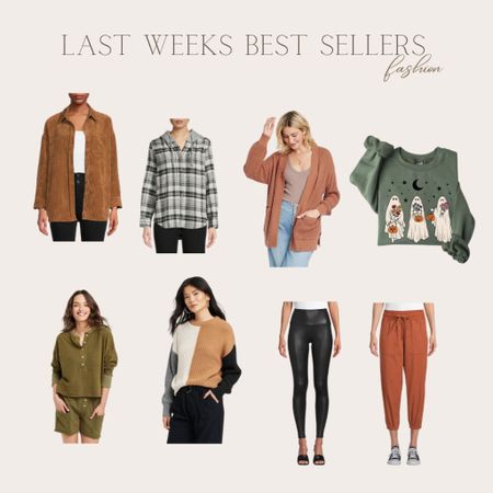 Last weeks best sellers in fashion, corduroy shacket, plaid hooded flannel jacket, open csrsigan, Halloween sweatshirts, Halloween themed top, Womens  casual outfits, color lock sweater, faux leather leggings, cargo joggers  

#LTKstyletip #LTKunder50