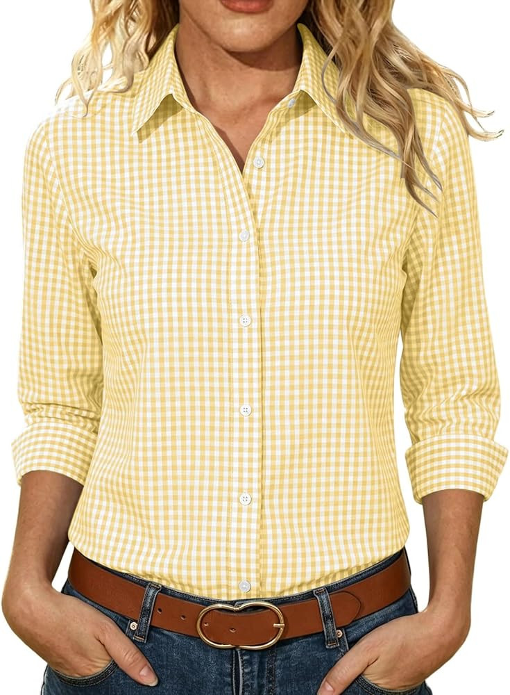 Womens Button Down Shirt Long Sleeve Plaid Dress Shirts Gingham Top Blouse | Amazon (US)
