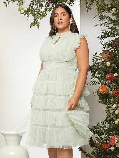 SHEIN Plus Butterfly Sleeve Cut Out Front Layered Mesh Bridesmaid Dress | SHEIN