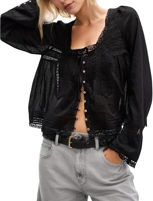 Soft cotton lace blouse with square neck tie front, long bell sleeves, boho style for casual vaca... | Amazon (US)