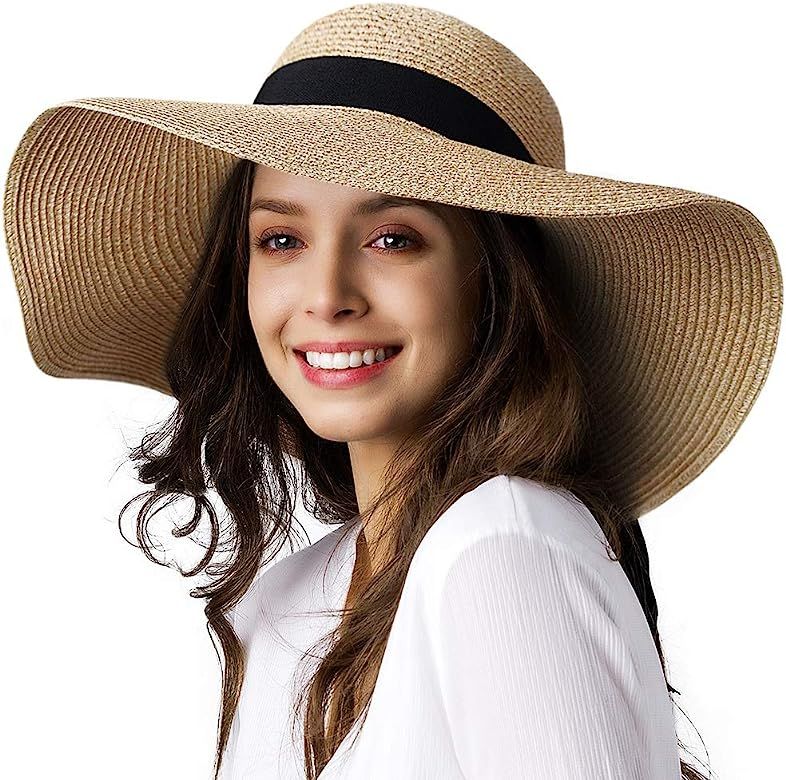 Womens Sun Straw Hat Wide Brim UPF 50 Summer Hat Foldable Roll up Floppy Beach Hats for Women | Amazon (US)