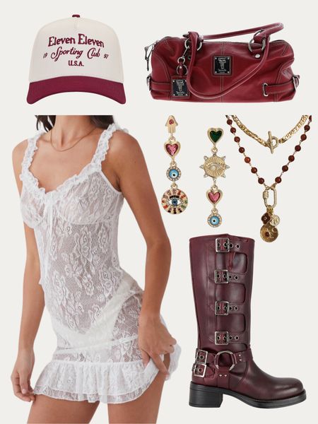 lace mini dress, biker boots, burgundy, vintage jewelry, leather handbag, baseball cap, casual, spring, summer, it girl, nyc 

#LTKFindsUnder50 #LTKFindsUnder100 #LTKStyleTip