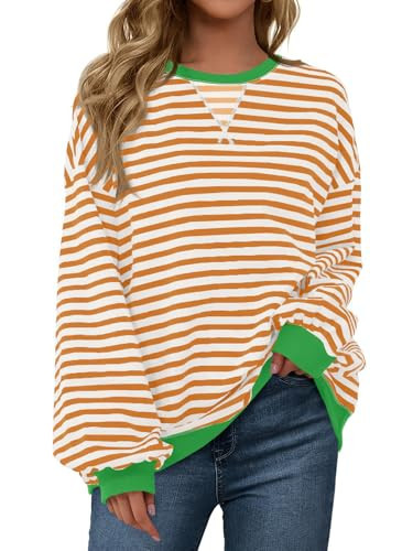 Fisoew Womens Striped Oversized Sweatshirt Color Block Crew Neck Long Sleeve Shirt Casual Loose Pullover Top Y2K Clothes Orange XX-Large | Amazon (US)