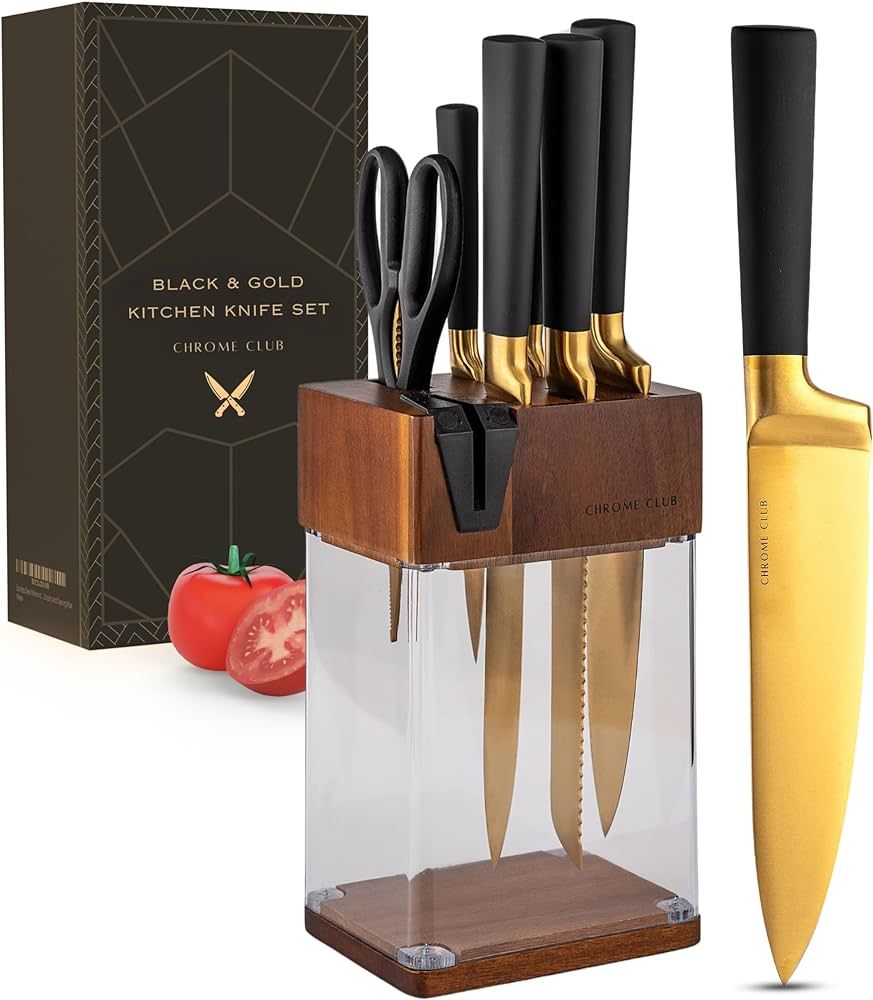 Stainless Steel Black and Gold Knife Set with Block - 7 Piece Gold Kitchen Knife Set with Durable... | Amazon (US)